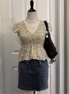 American Eagle Outfitters Floral Smocked Blouse - Cream and Yellow